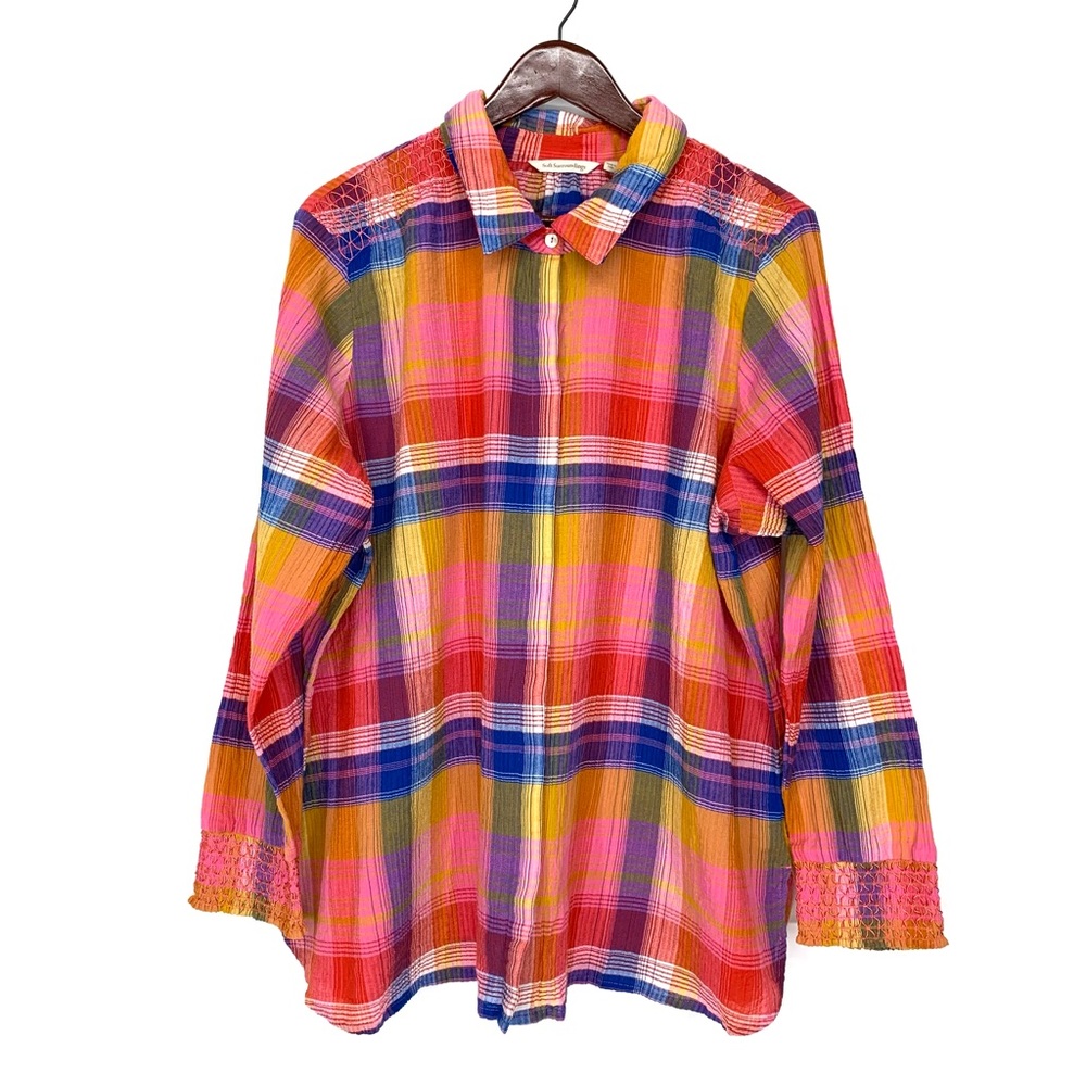Soft Surroundings Colorful Plaid Bermuda Gauze Long Sleeve Button Up Shirt